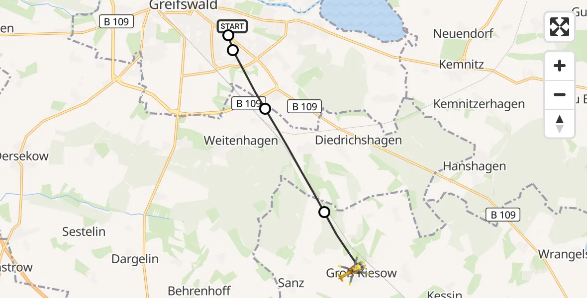 Flugroute Rettungshubschrauber Greifswald Hospital - Groß Kiesow, 14 August 2026, 11:49
