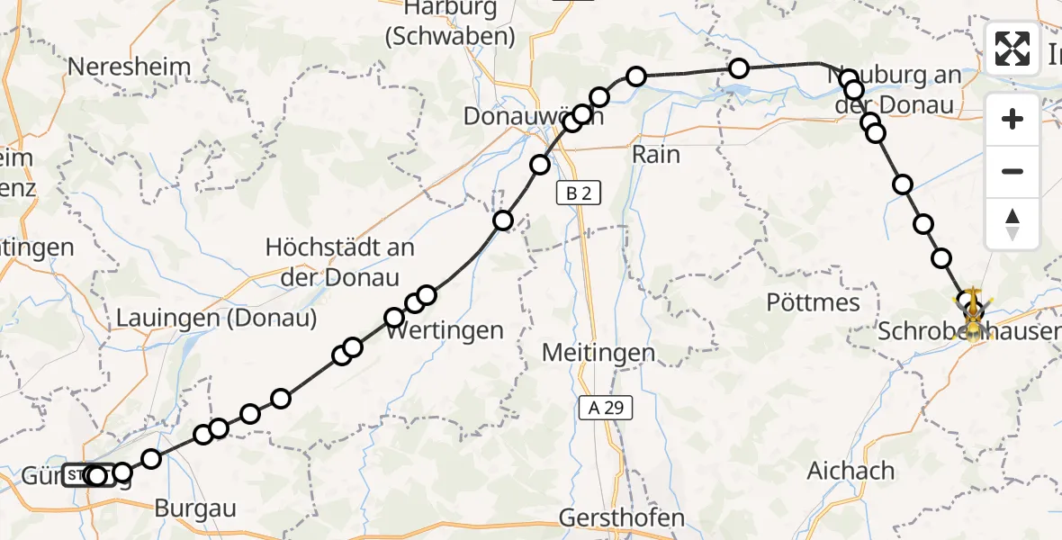 Flugroute Rettungshubschrauber Günzburg Hospital - Schrobenhausen District Hospital, 14 August 2026, 11:49