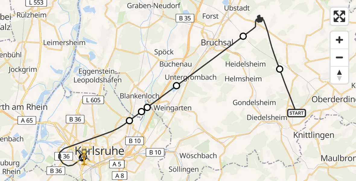 Flugroute Ambulanzhubschrauber Bretten - Sankt Vincentius Hospital, 14 August 2026, 11:55