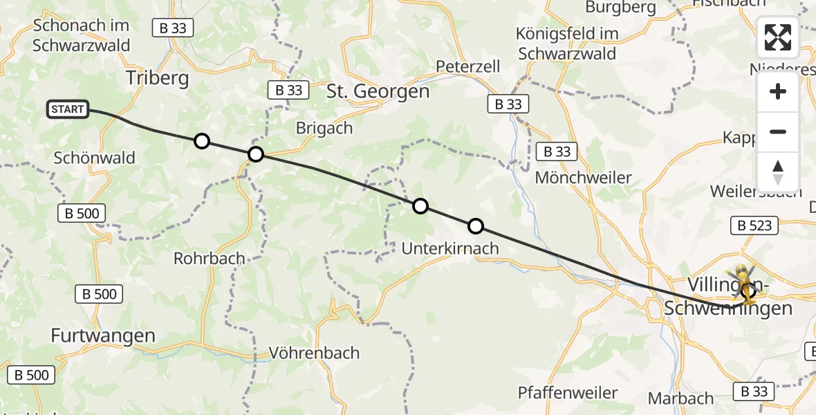 Flugroute Ambulanzhubschrauber Schönwald im Schwarzwald - DRF Air Rescue Station Villingen-Schwenningen Hubschrauberlandeplatz (Christoph 11), 14 August 2026, 12:01