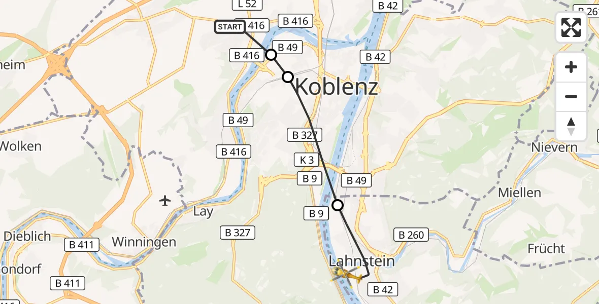 Flugroute Rettungshubschrauber Koblenz - Lahnstein, 14 August 2026, 12:02