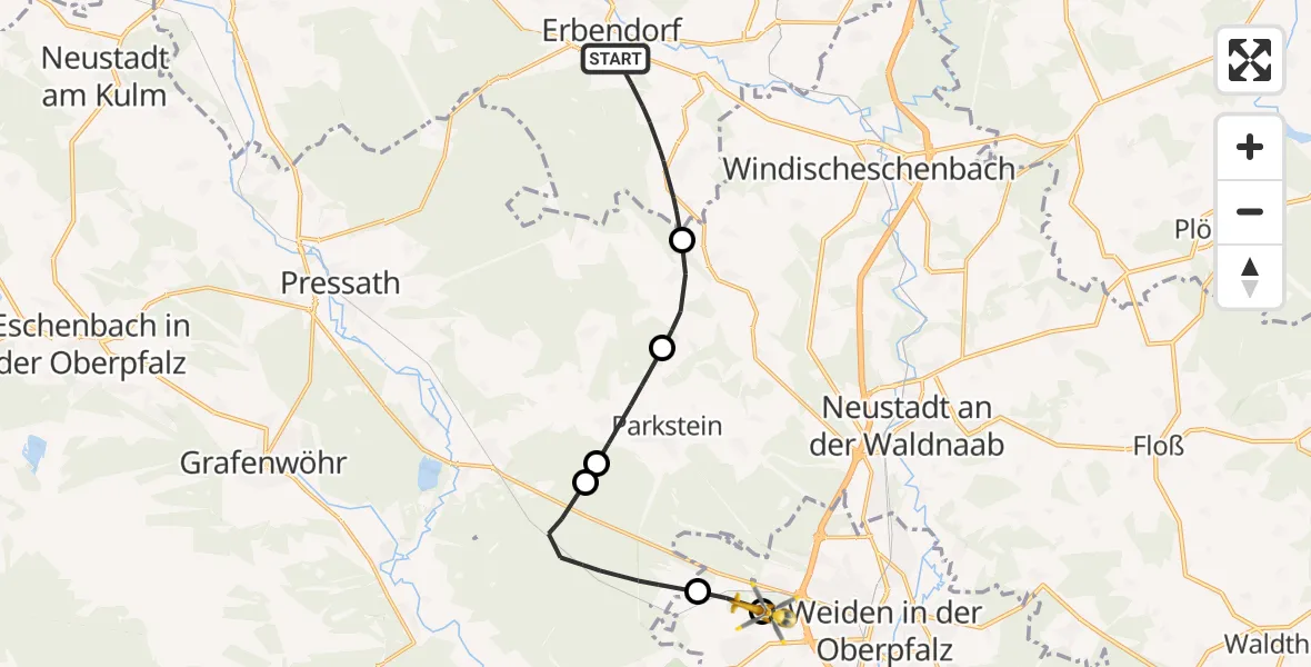 Flugroute Ambulanzhubschrauber Erbendorf - Weiden in der Oberpfalz Flugplatz, 14 August 2026, 12:08