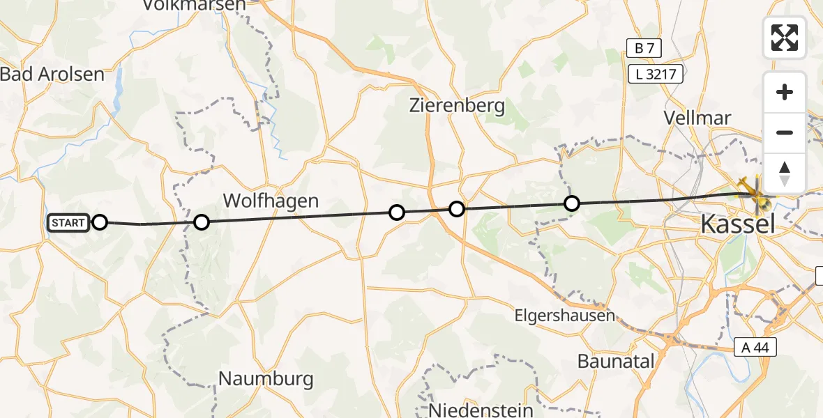 Flugroute Rettungshubschrauber Twistetal - Kassel, 14 August 2026, 12:11