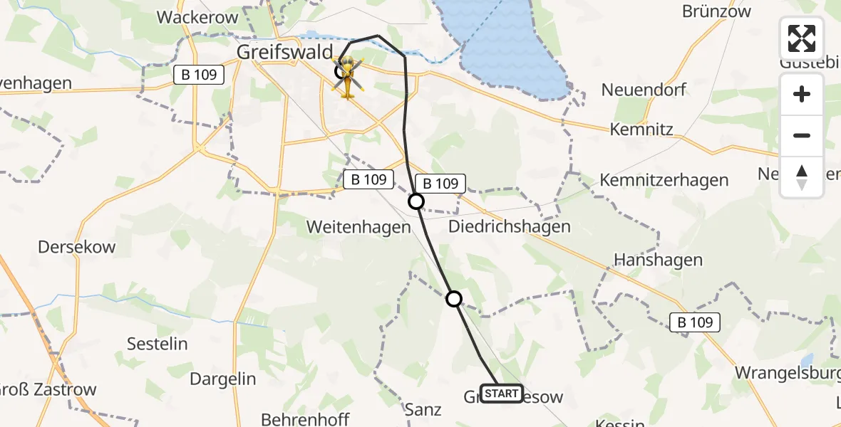 Flugroute Rettungshubschrauber Groß Kiesow - Greifswald Hospital, 14 August 2026, 12:13