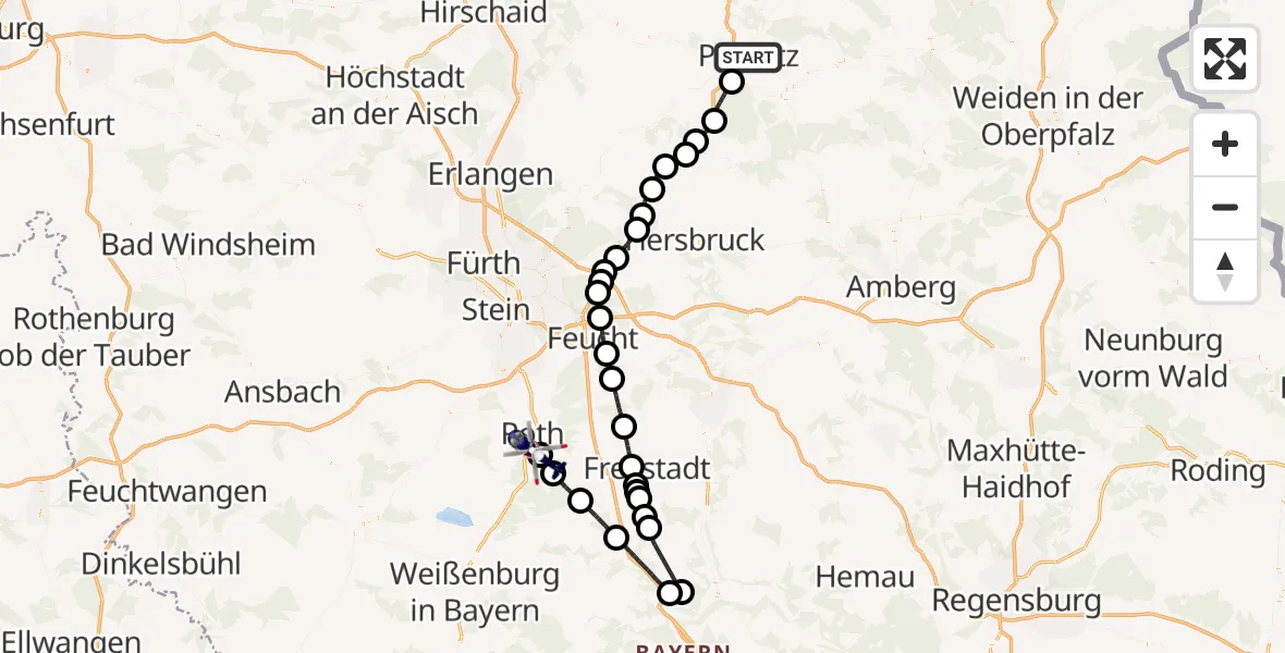 Flugroute Polizeihubschrauber Pegnitz - Flugplatz Roth, 14 August 2026, 12:23