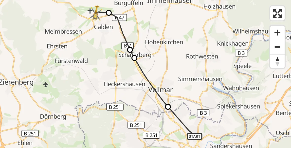 Flugroute Rettungshubschrauber Kassel - Kassel Flughafen, 14 August 2026, 12:26
