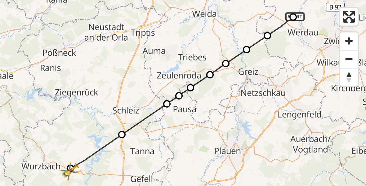 Flugroute Rettungshubschrauber Werdau - Bad Lobenstein, 14 August 2026, 12:29