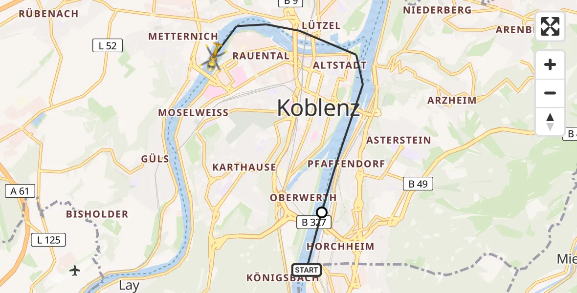 Flugroute Rettungshubschrauber Lahnstein - Katholisches Klinikum Marienhof Koblenz Hubschrauberlandeplatz, 14 August 2026, 12:34