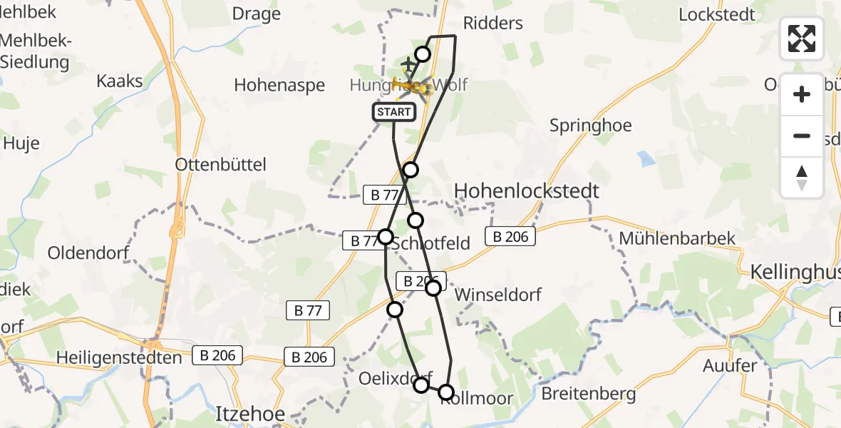 Flugroute Rettungshubschrauber Hohenlockstedt - Itzehoe Hungriger Wolf Flugplatz, 14 August 2026, 12:39