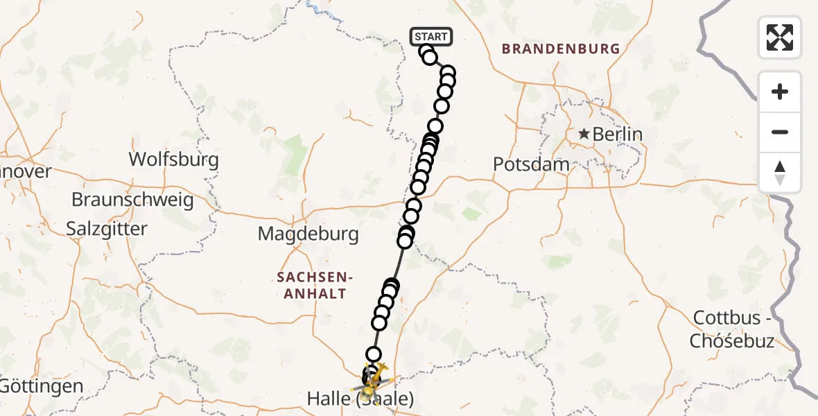 Flugroute Rettungshubschrauber Neustadt (Dosse) - Halle-Oppin Flugplatz, 14 August 2026, 12:42