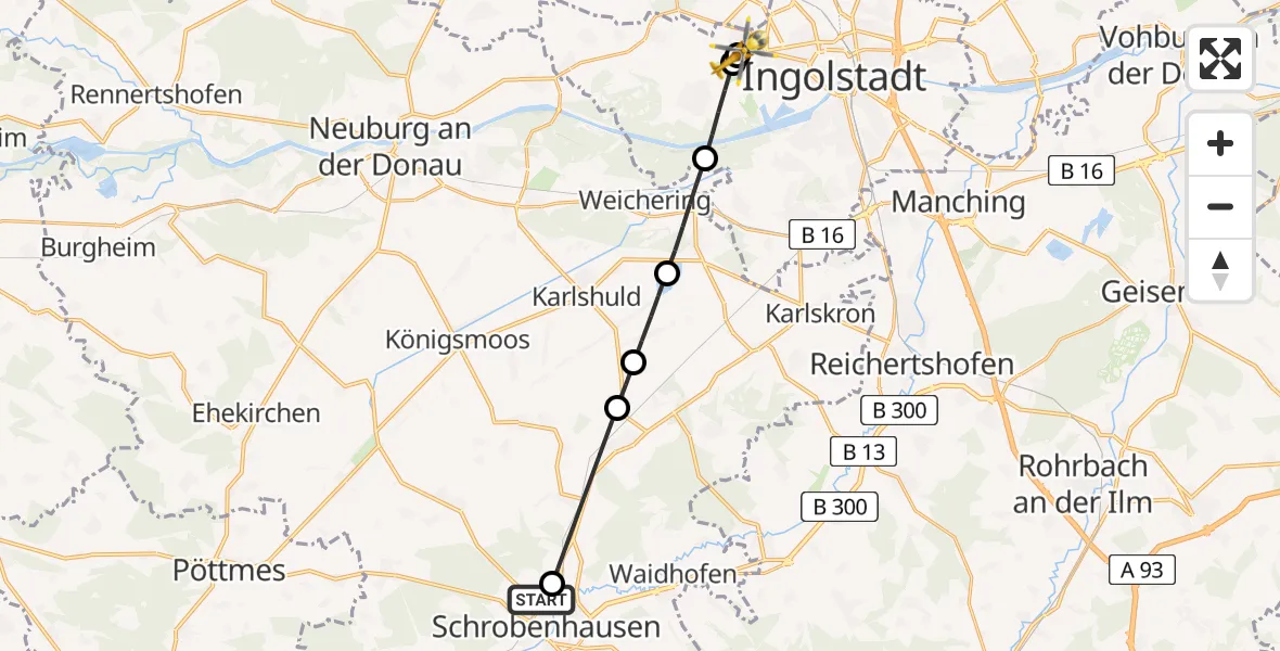 Flugroute Rettungshubschrauber Schrobenhausen District Hospital - Ingolstadt Hospital, 14 August 2026, 12:46