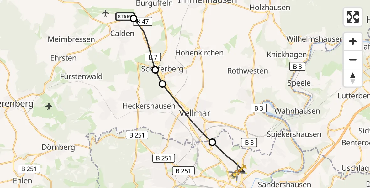 Flugroute Rettungshubschrauber Kassel Flughafen - Kassel, 14 August 2026, 12:49