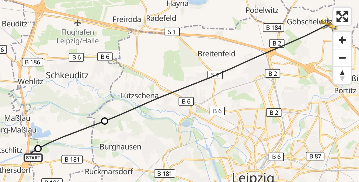 Flugroute Rettungshubschrauber ADAC Air Rescue Station Leipzig/Schkeuditz-Dölzig Hubschrauberlandeplatz (Christoph 61) - Leipzig, 14 August 2026, 12:50