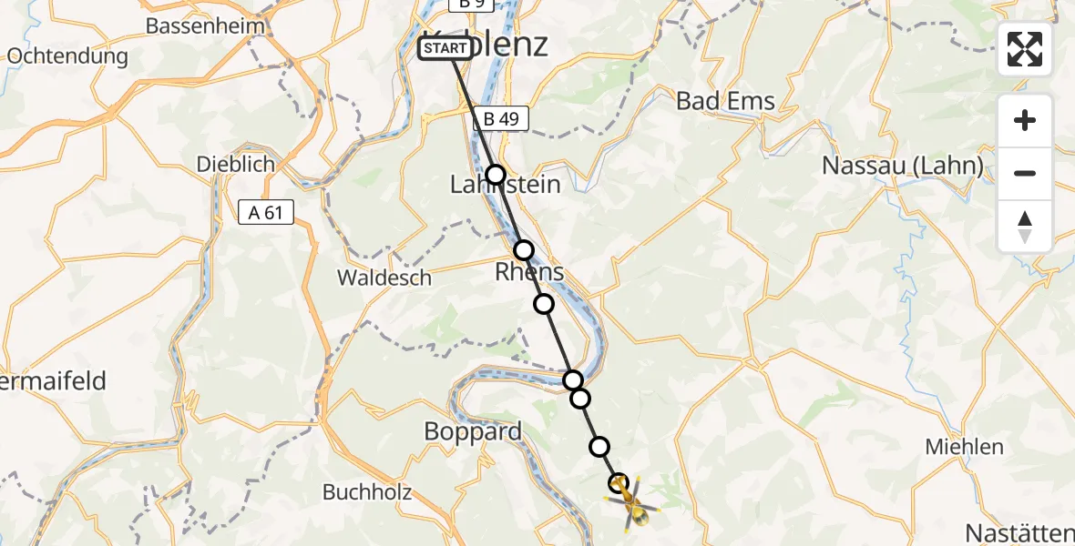 Flugroute Rettungshubschrauber Koblenz - Lykershausen, 14 August 2026, 12:54