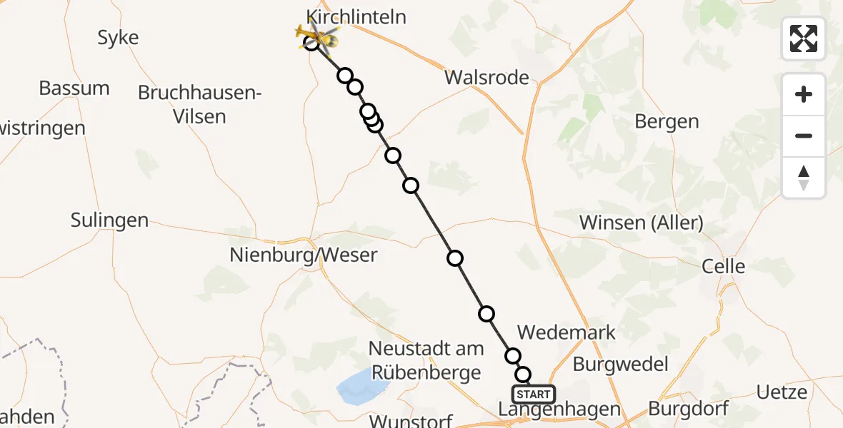Flugroute Rettungshubschrauber Flughafen Hannover - Verden (Aller), 14 August 2026, 13:00