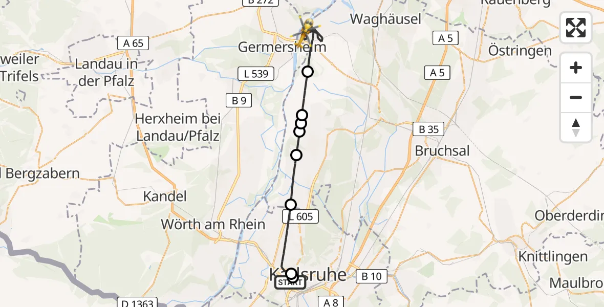 Flugroute Ambulanzhubschrauber Sankt Vincentius Hospital - Philippsburg, 14 August 2026, 13:03