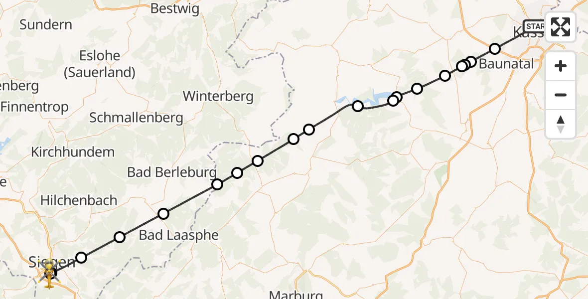 Flugroute Rettungshubschrauber Kassel - Evangelisches Jung-Stilling Hospital, 14 August 2026, 13:04