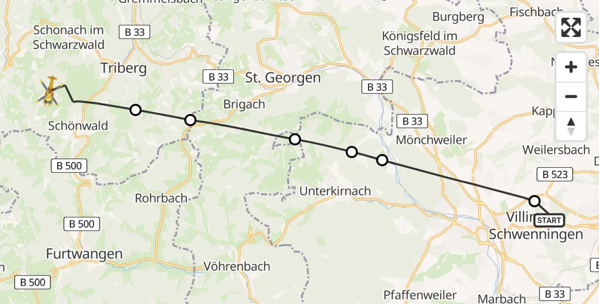 Flugroute Ambulanzhubschrauber DRF Air Rescue Station Villingen-Schwenningen Hubschrauberlandeplatz (Christoph 11) - Schönwald im Schwarzwald, 14 August 2026, 13:07