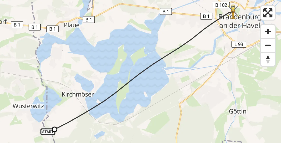 Flugroute Rettungshubschrauber Wusterwitz - Brandenburg an der Havel, 14 August 2026, 13:10
