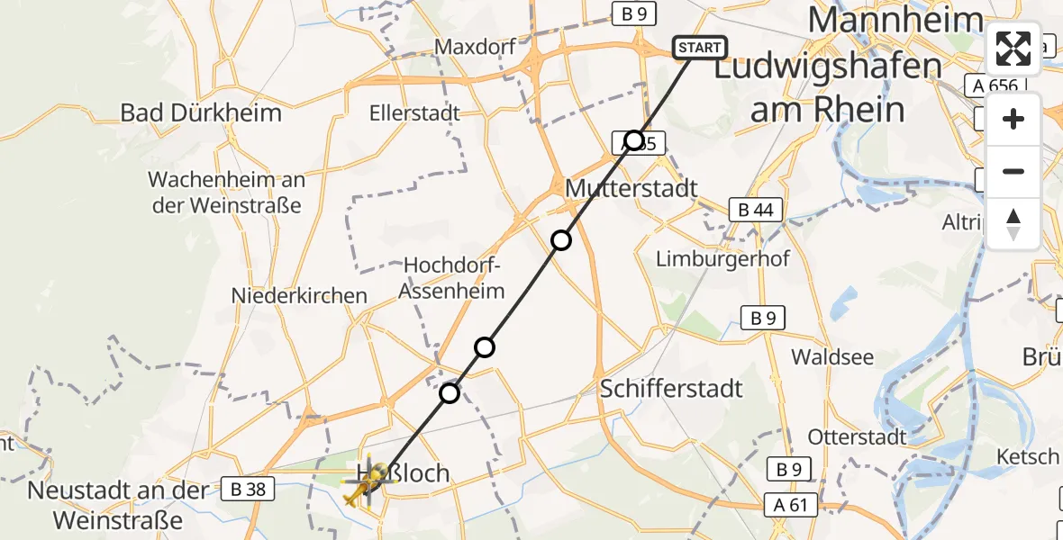 Flugroute Rettungshubschrauber Ludwigshafen am Rhein - Haßloch, 14 August 2026, 13:10