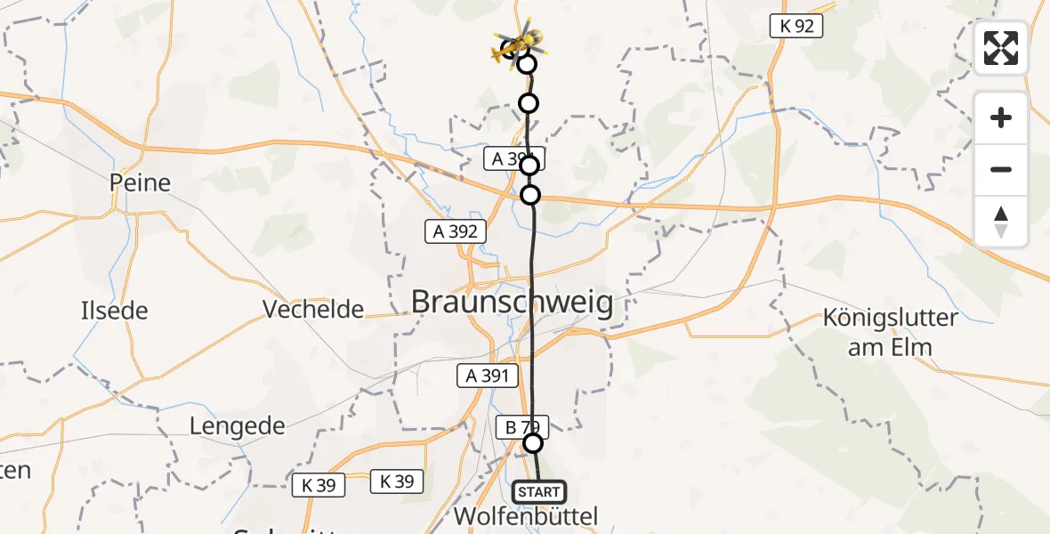 Flugroute Rettungshubschrauber Wolfenbüttel - Meine, 14 August 2026, 13:12