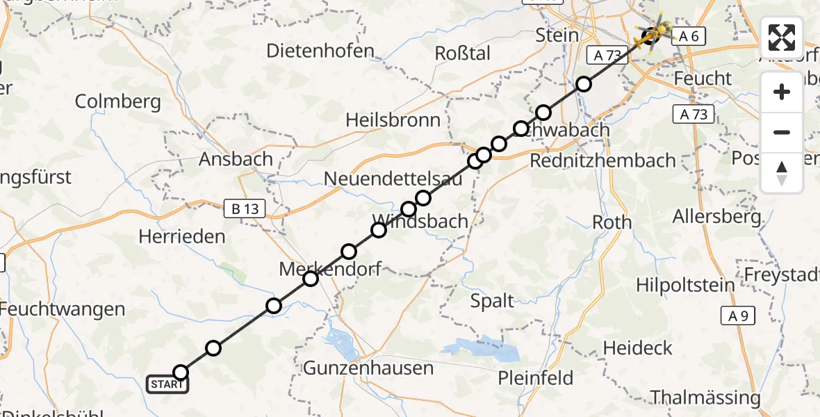 Flugroute Ambulanzhubschrauber Langfurth - Nürnberg South Hospital, 14 August 2026, 13:15