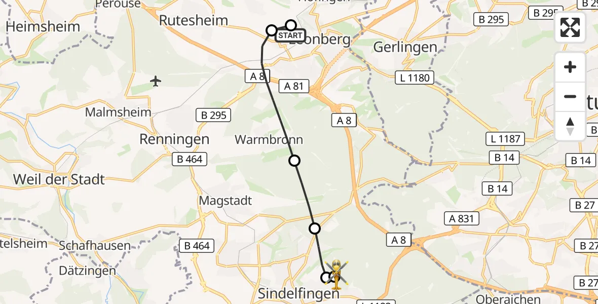Flugroute Rettungshubschrauber Leonberg Hospital - Sindelfingen Hospital, 14 August 2026, 13:16