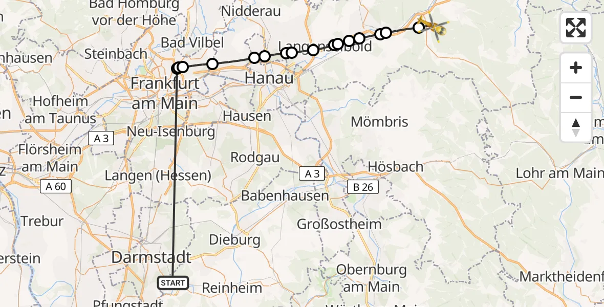 Flugroute Rettungshubschrauber Mühltal - Biebergemünd, 14 August 2026, 13:26
