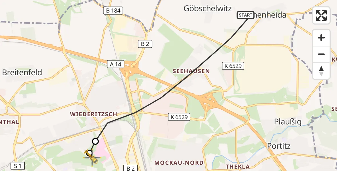 Flugroute Rettungshubschrauber Leipzig - Sankt Georg Hospital Leipzig Reserve, 14 August 2026, 13:27
