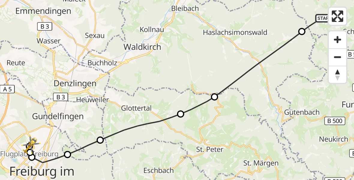 Flugroute Ambulanzhubschrauber Schönwald im Schwarzwald - Freiburg im Breisgau Flugplatz, 14 August 2026, 13:28