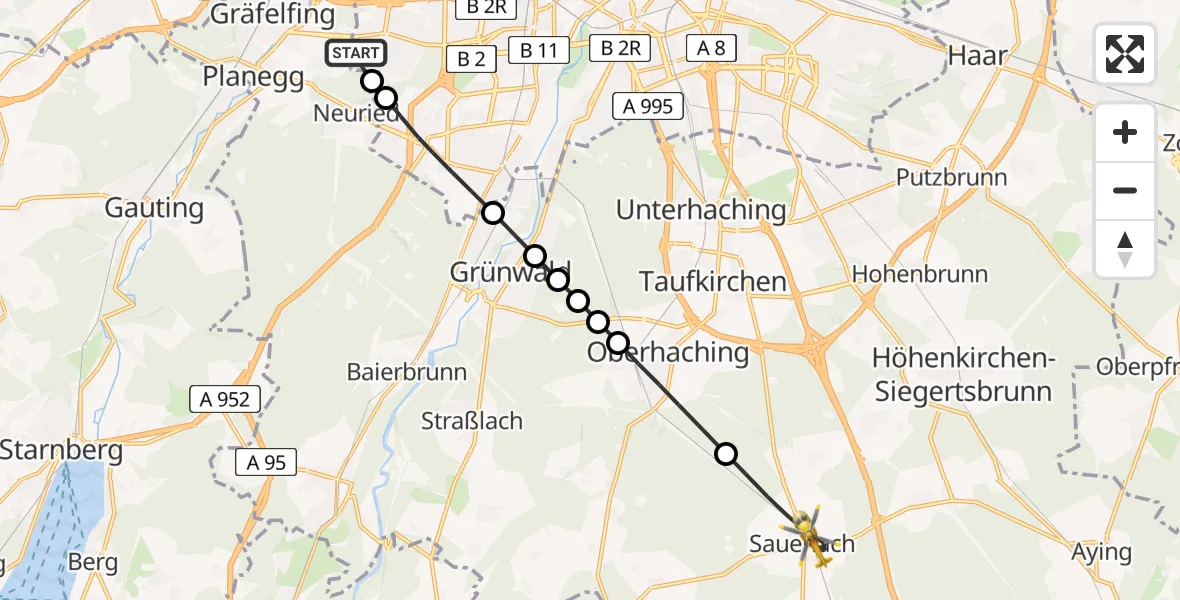 Flugroute Rettungshubschrauber DRF Air Rescue München Hubschrauberlandeplatz - Sauerlach, 14 August 2026, 13:29