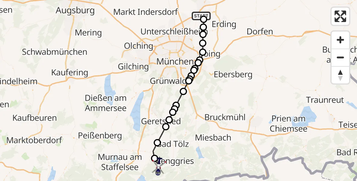 Flugroute Polizeihubschrauber München Flughafen - Benediktbeuern, 14 August 2026, 13:40