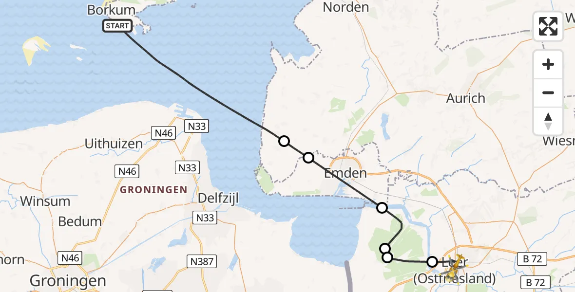 Flugroute Ambulanzhubschrauber Noordzee - Leer (Ostfriesland), 14 August 2026, 13:40