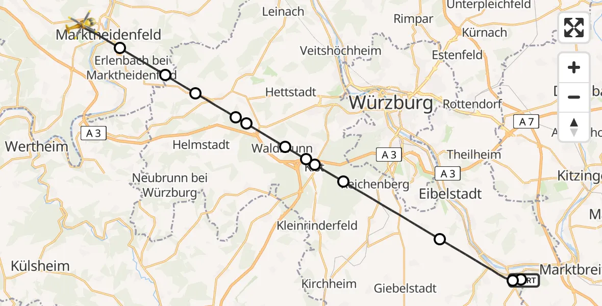 Flugroute Rettungshubschrauber Ochsenfurt Hospital - Marktheidenfeld, 14 August 2026, 13:43