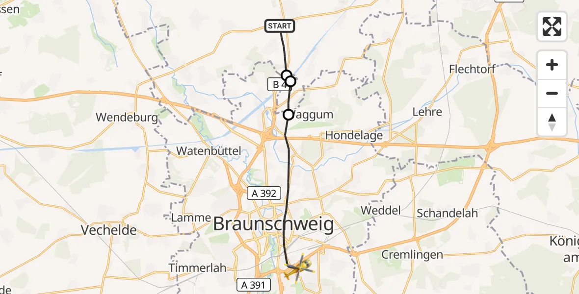 Flugroute Rettungshubschrauber Vordorf - Braunschweig, 14 August 2026, 13:46