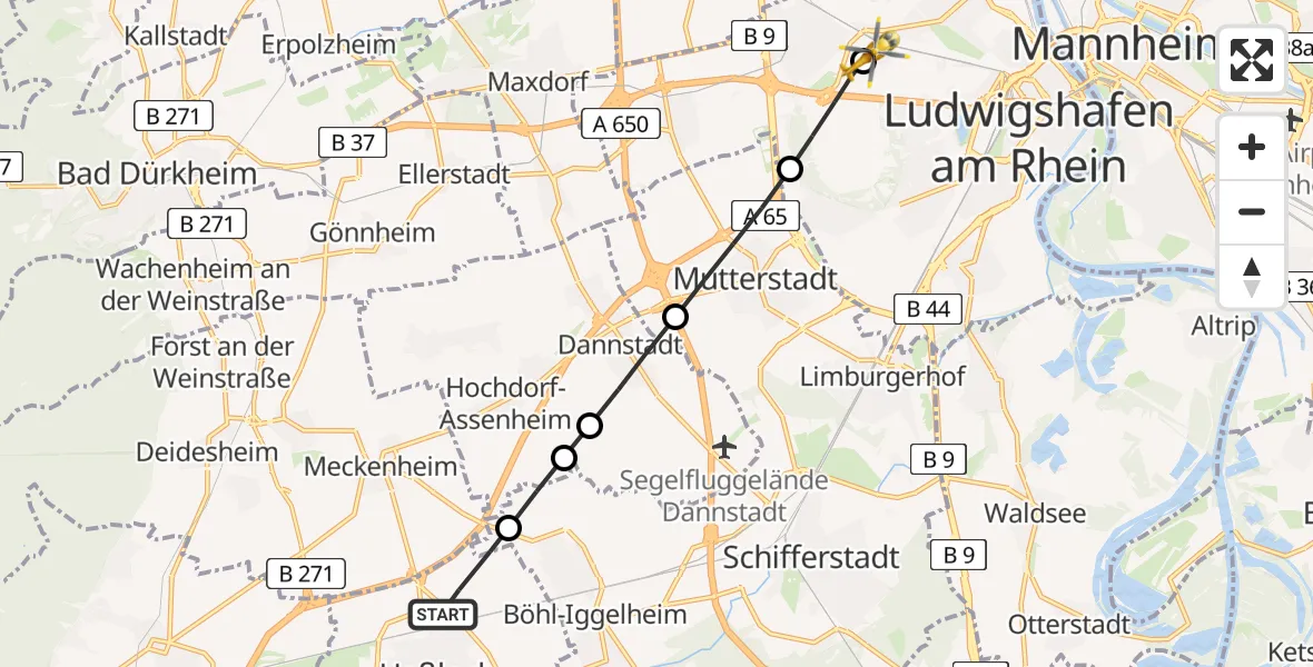 Flugroute Rettungshubschrauber Haßloch - Ludwigshafen Accident Hospital, 14 August 2026, 13:48