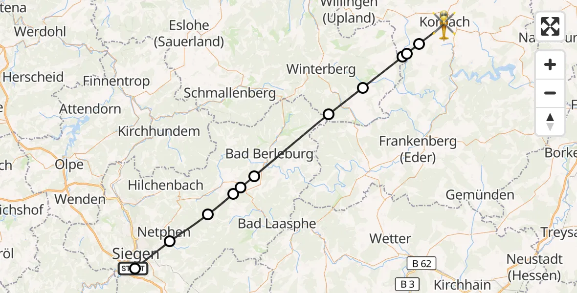 Flugroute Rettungshubschrauber Evangelisches Jung-Stilling Hospital - Korbach, 14 August 2026, 13:50