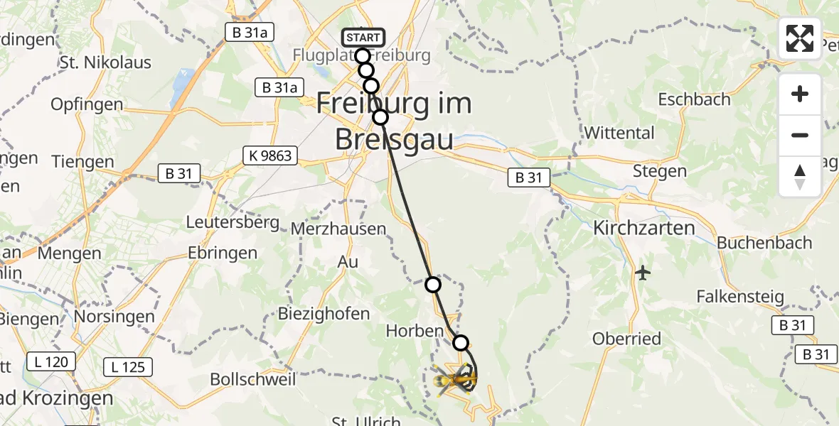 Flugroute Ambulanzhubschrauber Freiburg im Breisgau Flugplatz - Freiburg im Breisgau, 14 August 2026, 13:53