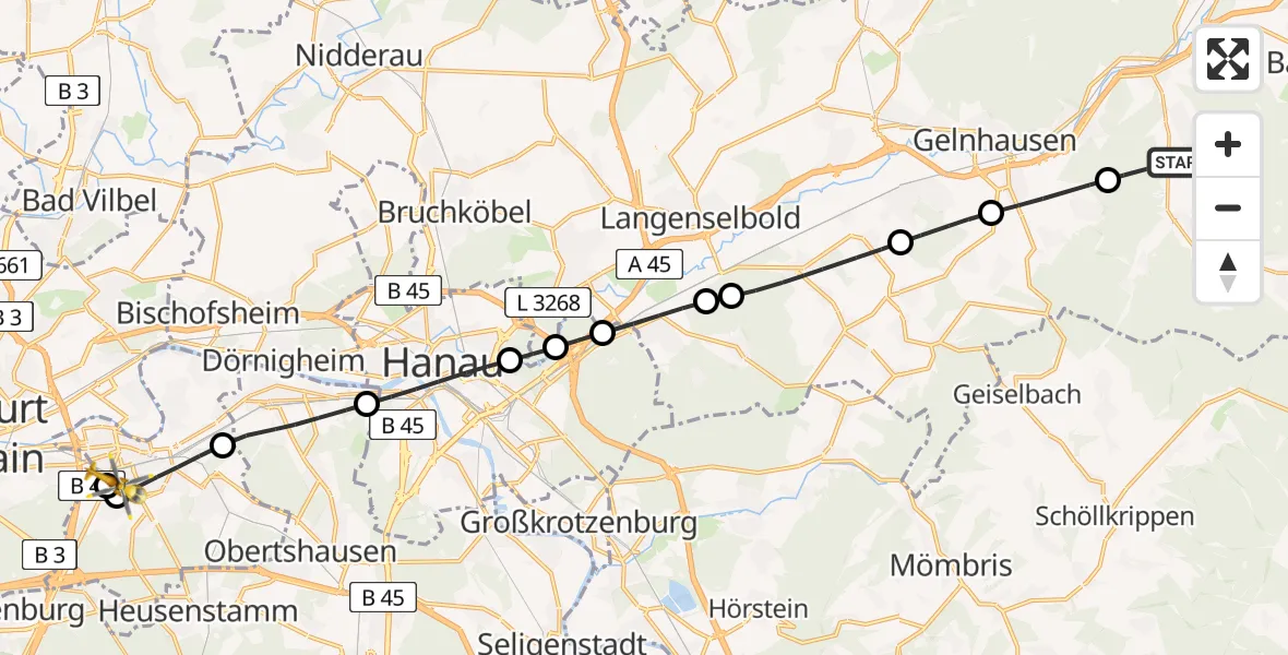 Flugroute Rettungshubschrauber Biebergemünd - Sana Hospital Offenbach, 14 August 2026, 13:54