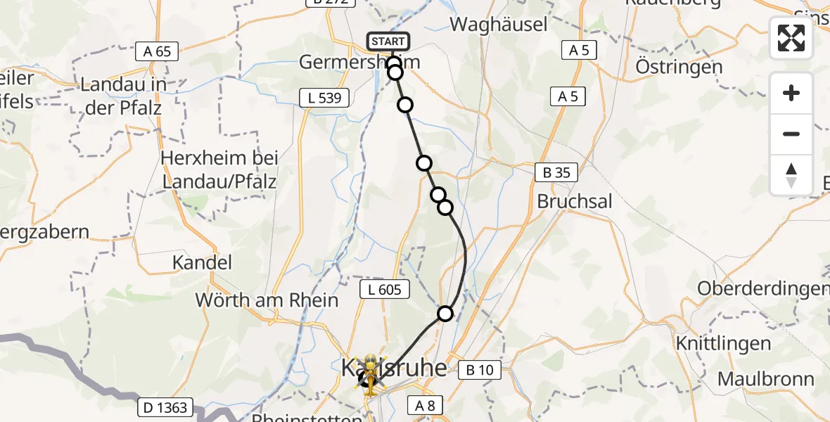 Flugroute Ambulanzhubschrauber Philippsburg - Sankt Vincentius Hospital, 14 August 2026, 13:57