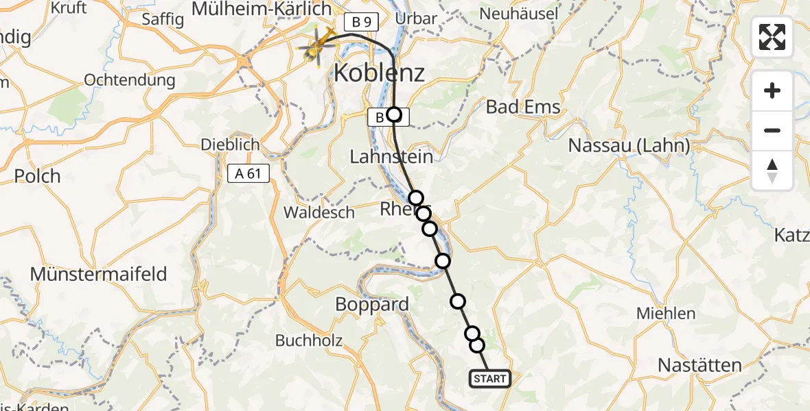 Flugroute Rettungshubschrauber Prath - Koblenz, 14 August 2026, 14:04