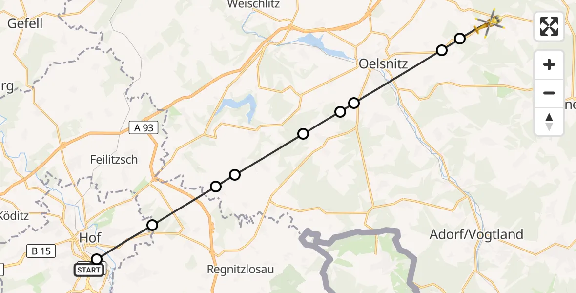 Flugroute Rettungshubschrauber Sana Clinic Hof Hubschrauberlandeplatz - Tirpersdorf, 14 August 2026, 14:06