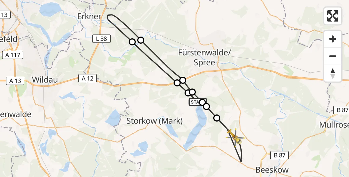 Flugroute Rettungshubschrauber Bad Saarow - Rietz-Neuendorf, 14 August 2026, 14:06