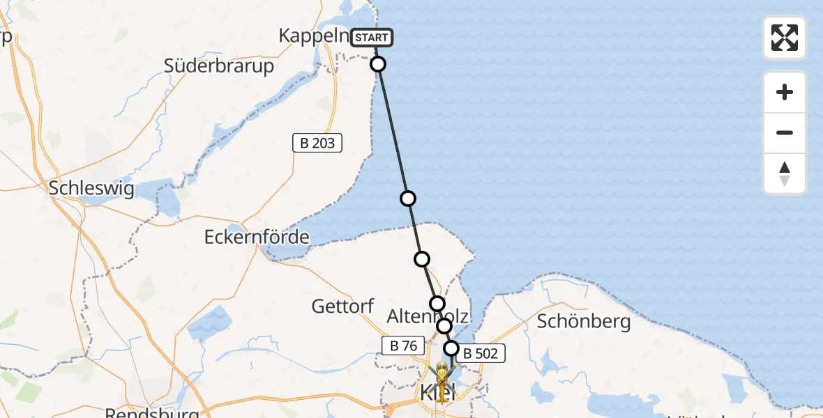 Flugroute Ambulanzhubschrauber Kappeln - Kiel, 14 August 2026, 14:08