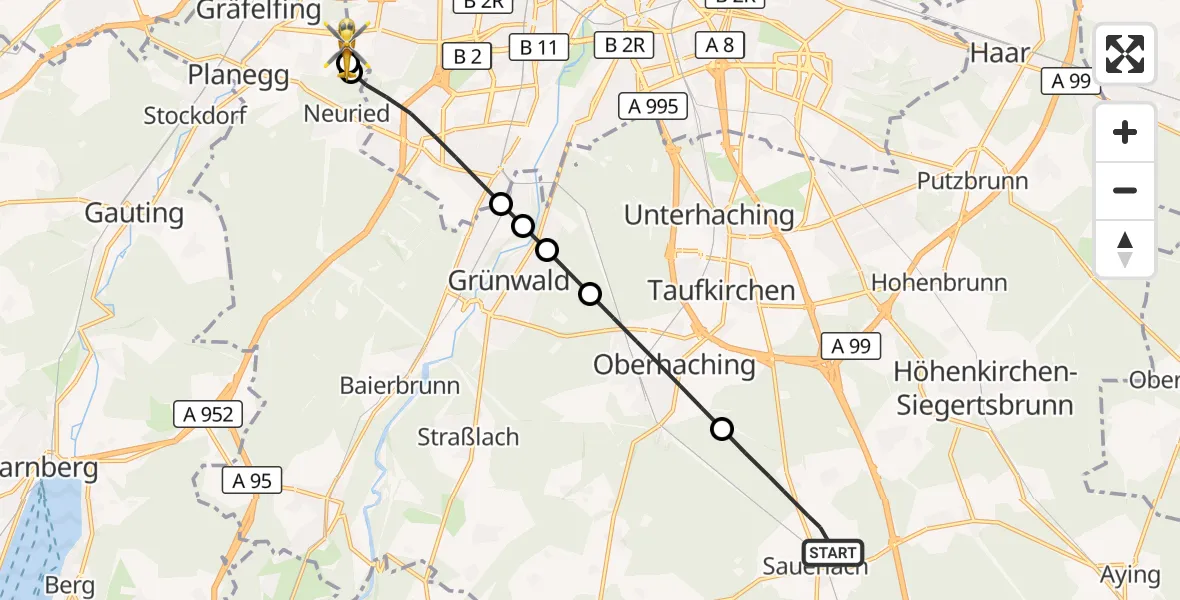 Flugroute Rettungshubschrauber Sauerlach - DRF Air Rescue München Hubschrauberlandeplatz, 14 August 2026, 14:10