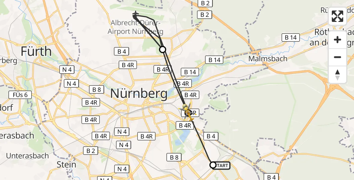 Flugroute Ambulanzhubschrauber Nürnberg South Hospital - Nürnberg, 14 August 2026, 14:18