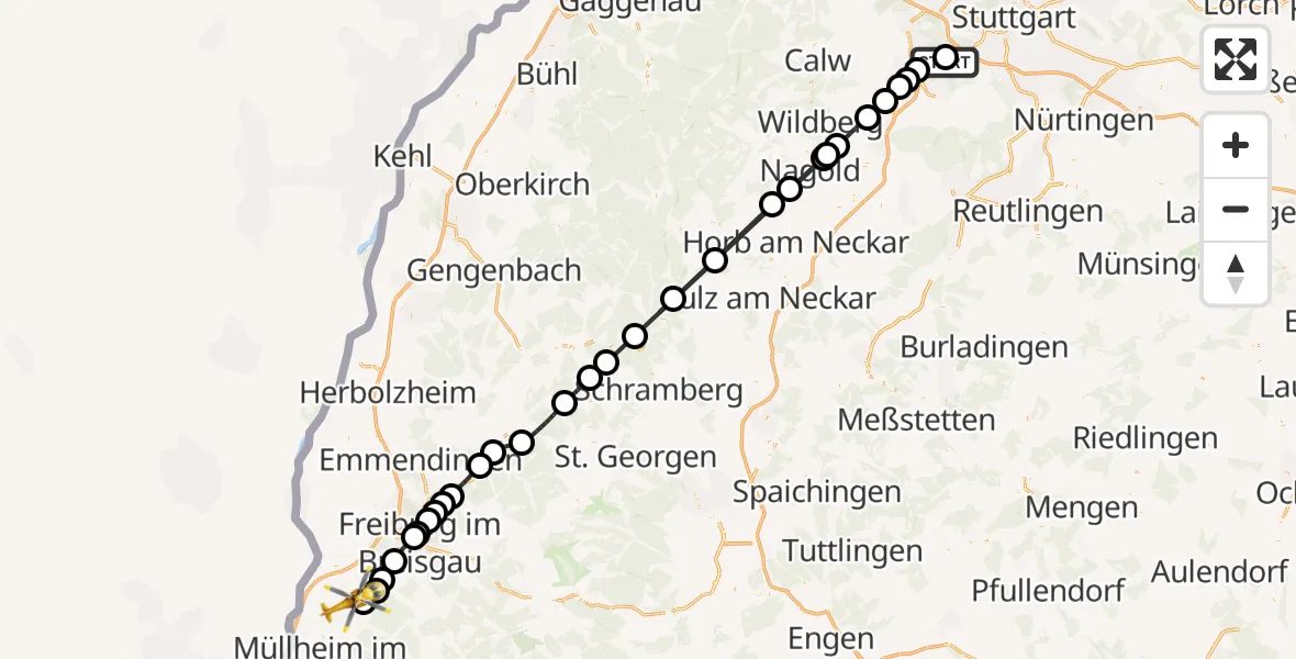 Flugroute Rettungshubschrauber Sindelfingen Hospital - Bad Krozingen, 14 August 2026, 14:19