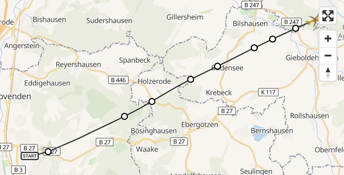Flugroute Rettungshubschrauber Göttingen University Clinic Hubschrauberlandeplatz - Wulften am Harz, 14 August 2026, 14:23