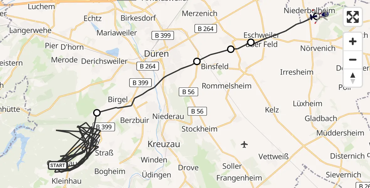 Flugroute Polizeihubschrauber Hürtgenwald - Militärflugplatz Nörvenich, 14 August 2026, 14:24