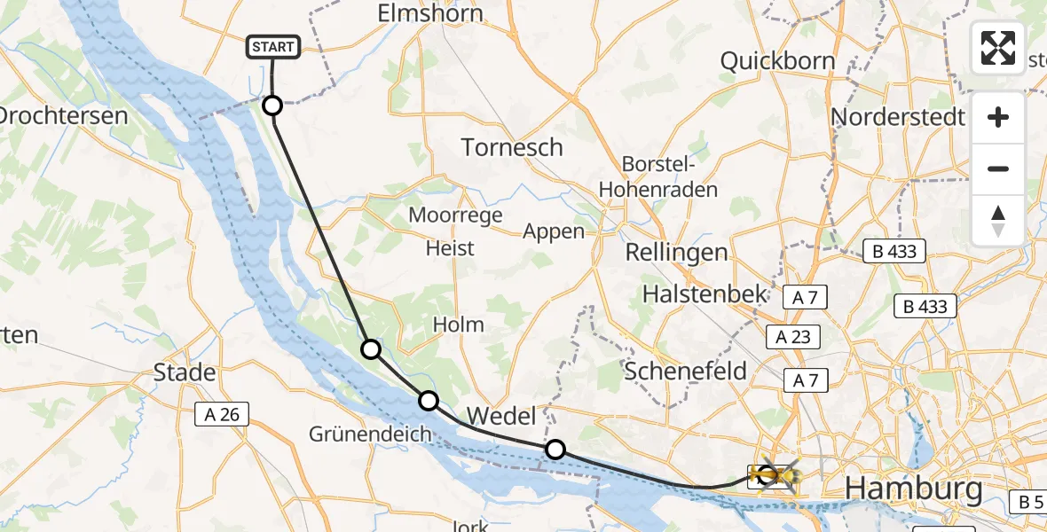 Flugroute Rettungshubschrauber Neuendorf b.Elmshorn - Asklepios Hospital Altona, 14 August 2026, 14:28